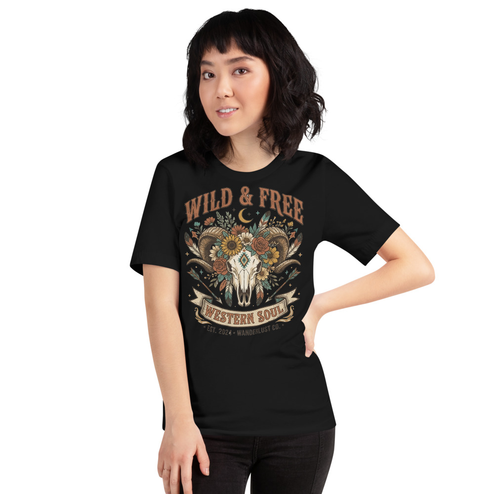 Wild & Free — Western Soul on a black shirt