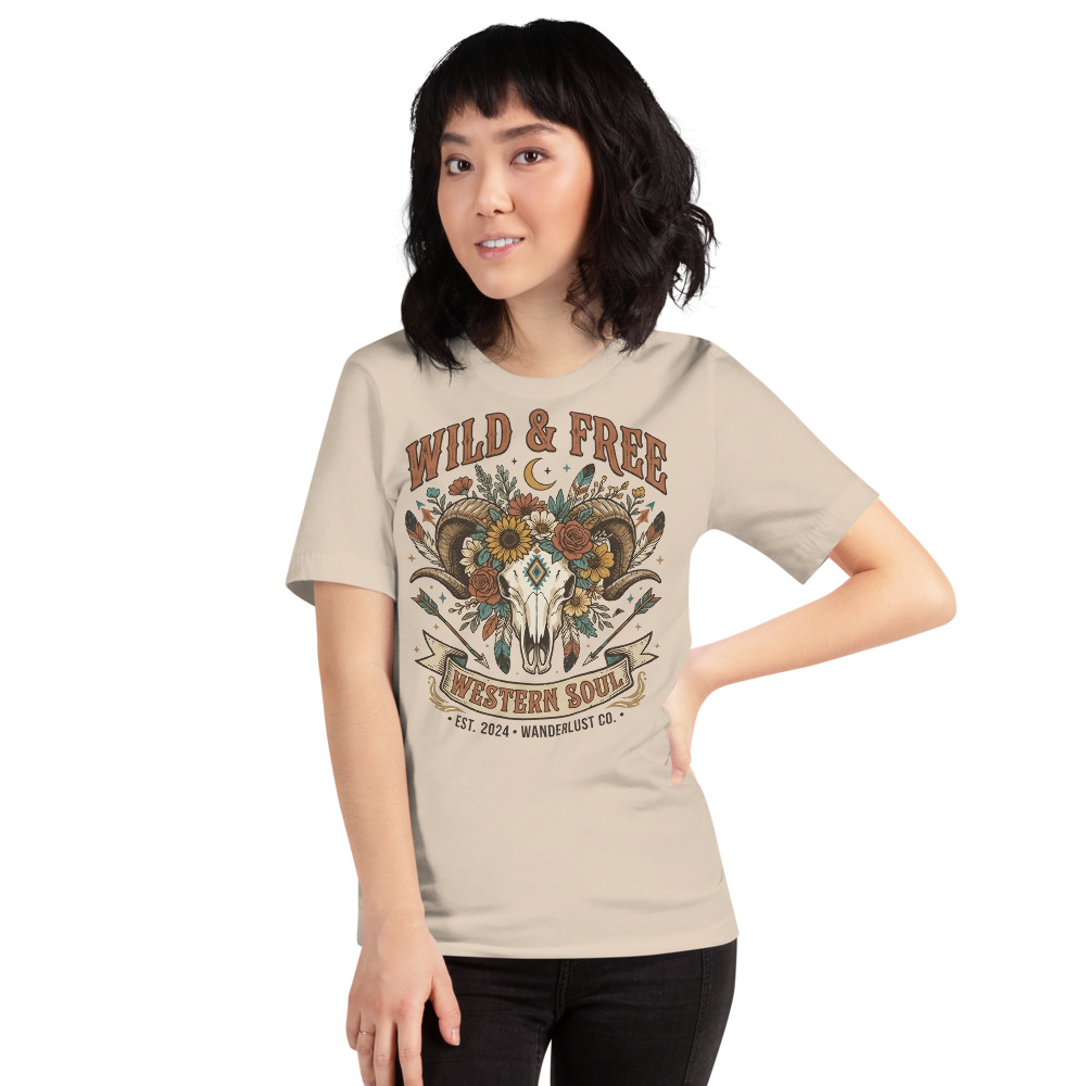 Wild & Free — Western Soul on a soft cream shirt