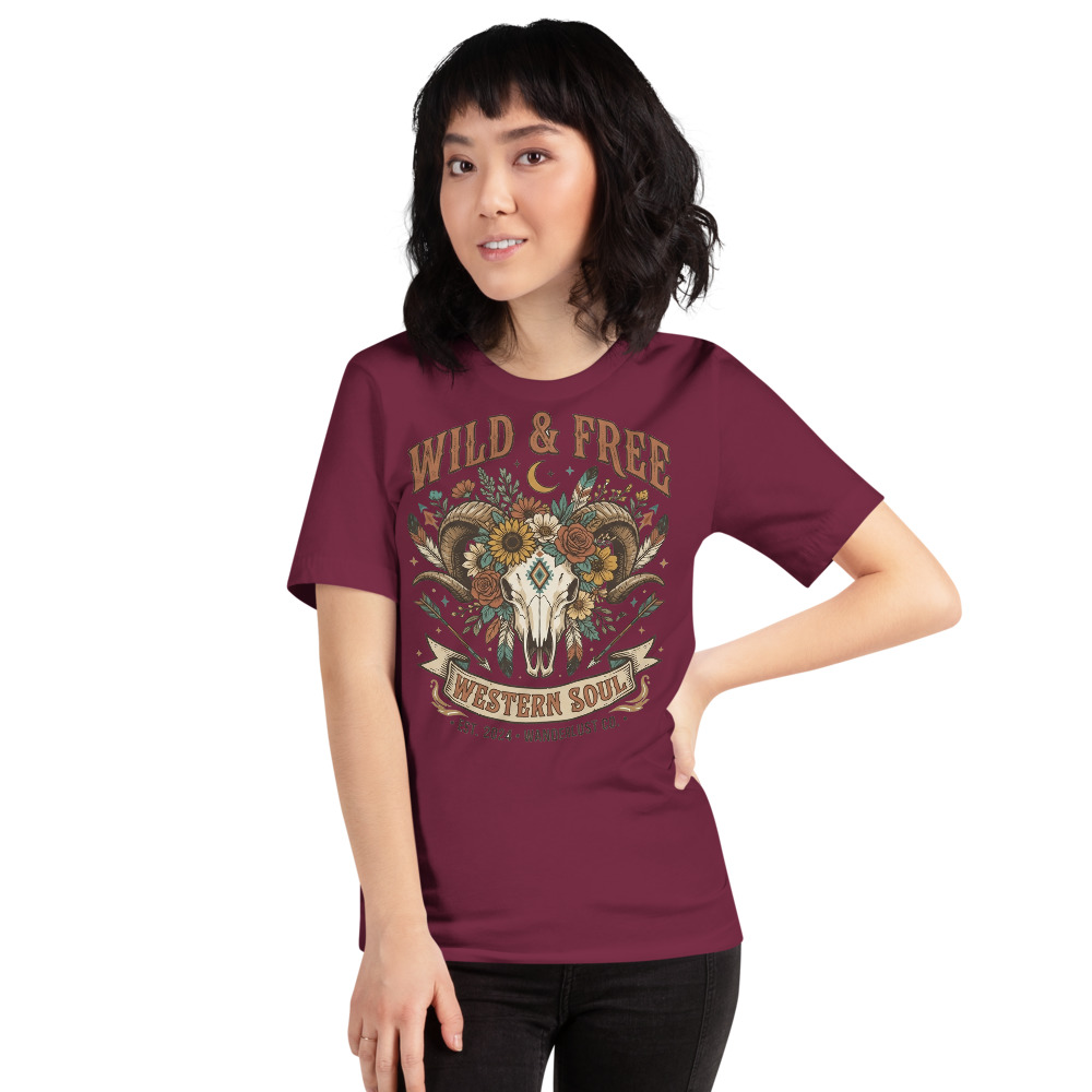 Wild & Free — Western Soul on a maroon shirt