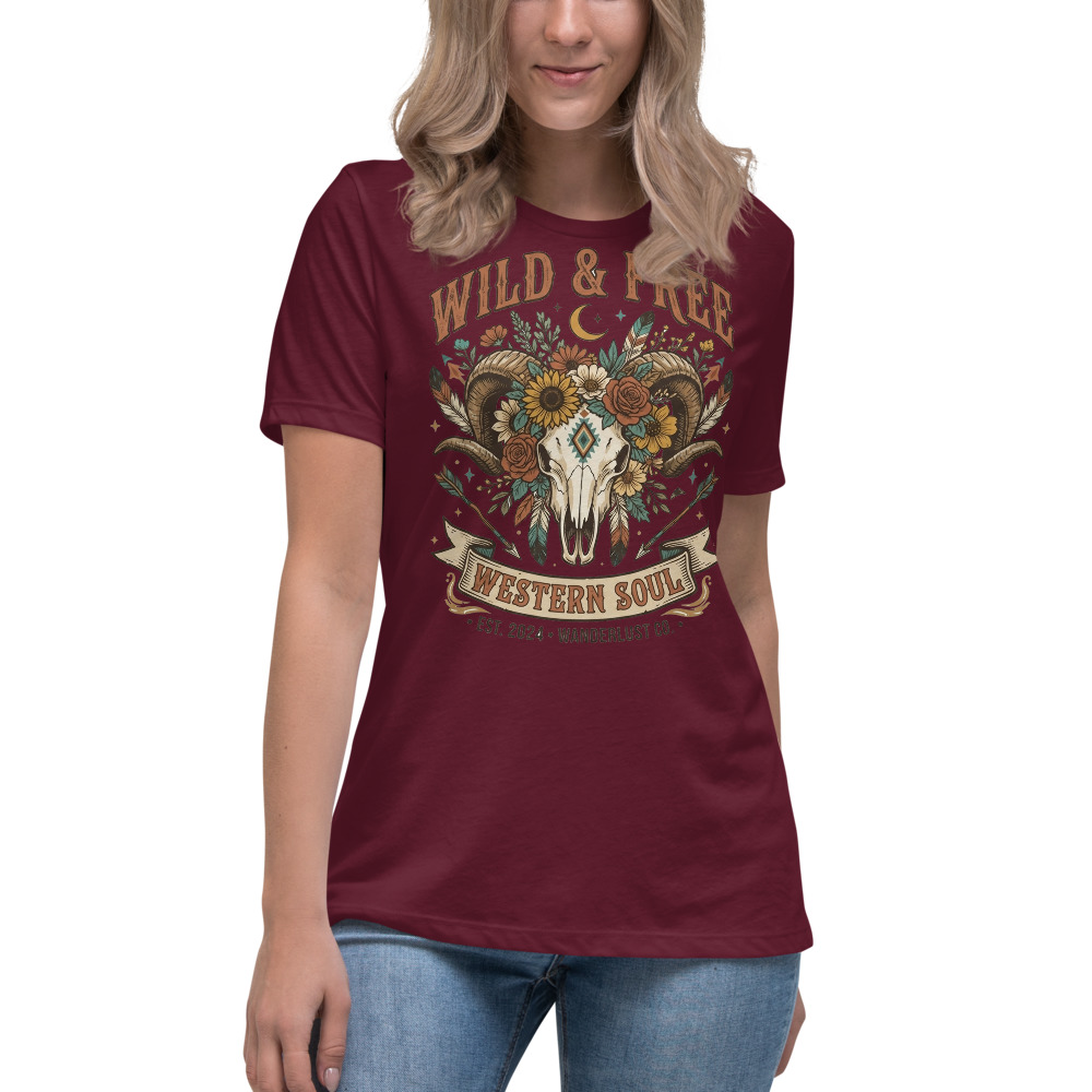 Wild & Free — Western Soul on a maroon shirt