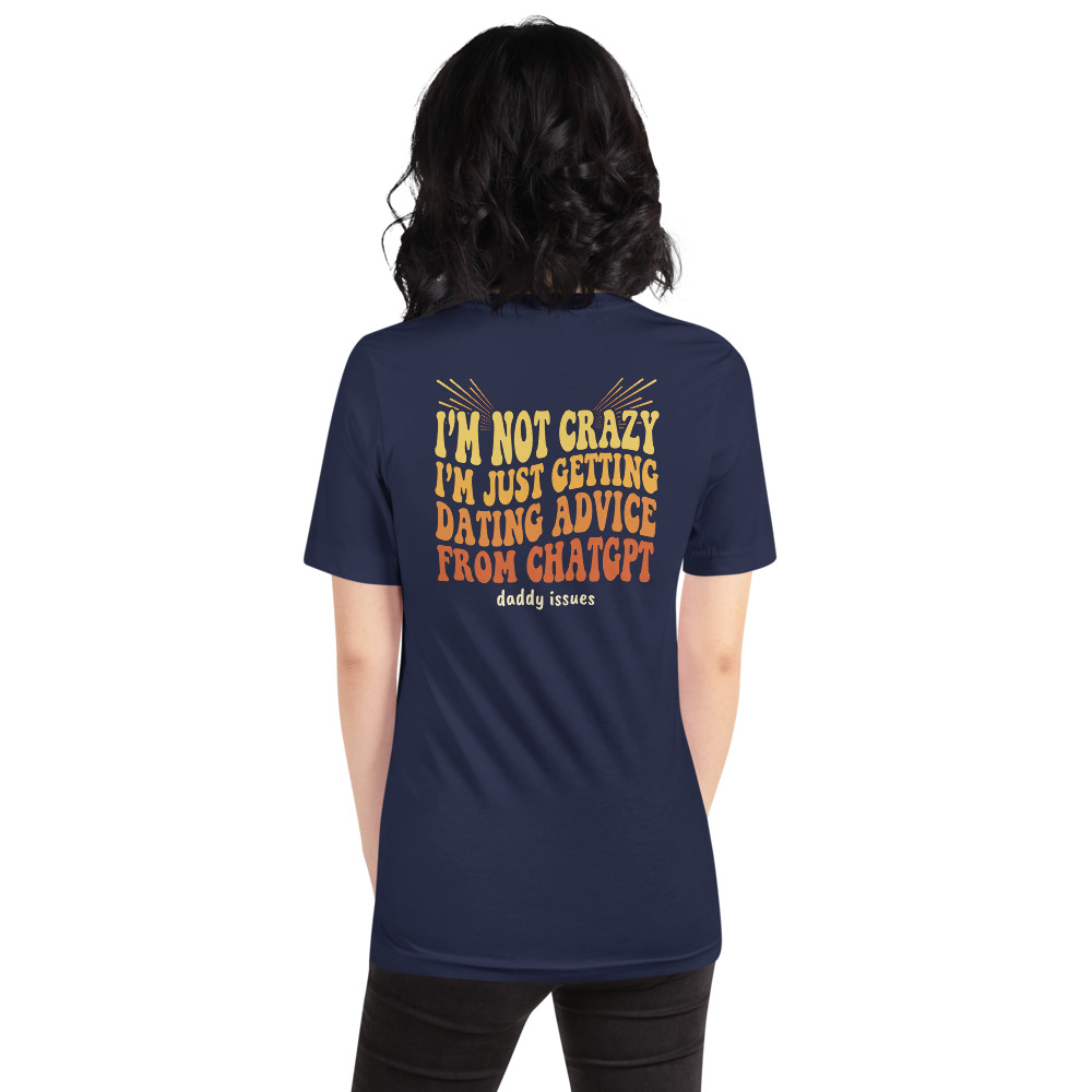 Dating Advice From ChatGPT — Groovy on a navy shirt