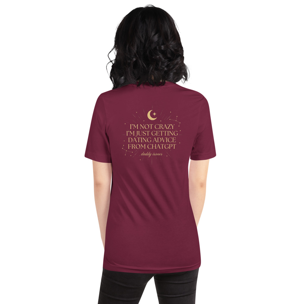 Dating Advice From ChatGPT — Celestial on a maroon shirt