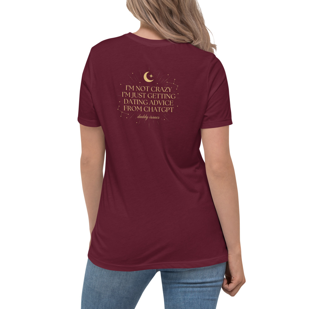 Dating Advice From ChatGPT — Celestial on a maroon shirt